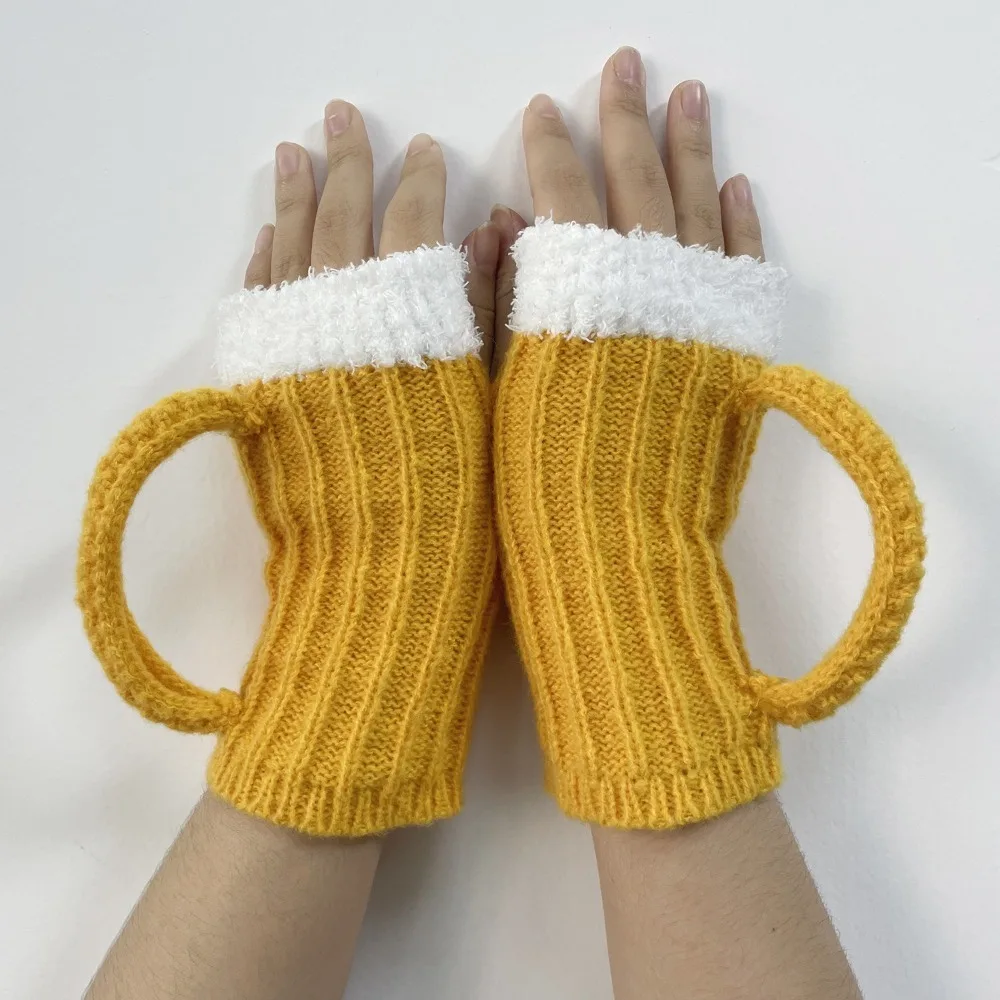 3D Beer Mug Gloves Half Finger Warm Gloves Yellow Beer Glass Unisex Woolen Yarn Knitting Autumn Winter Funny Gift half finger gloves warm gloves