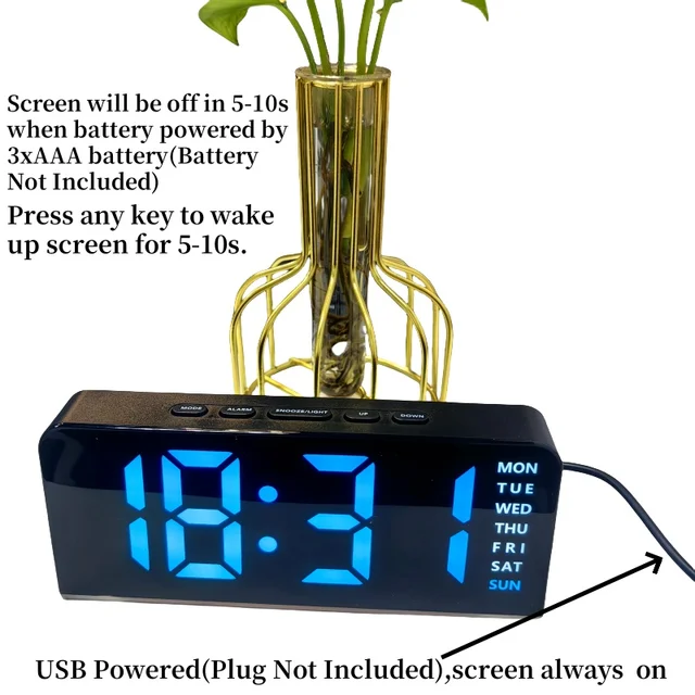 Sveglia digitale alimentata tramite USB con luce d'atmosfera Doppio sveglia Snooze Orologio da tavolo 4 livelli di luminosità Orologio elettronico a LED 12/24 ore 3
