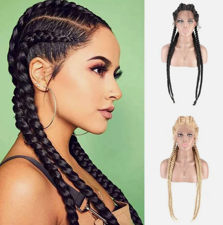 Women Long Box Braided Wigs 4 Braids Crochet Braids Lace Front Wig Glueless