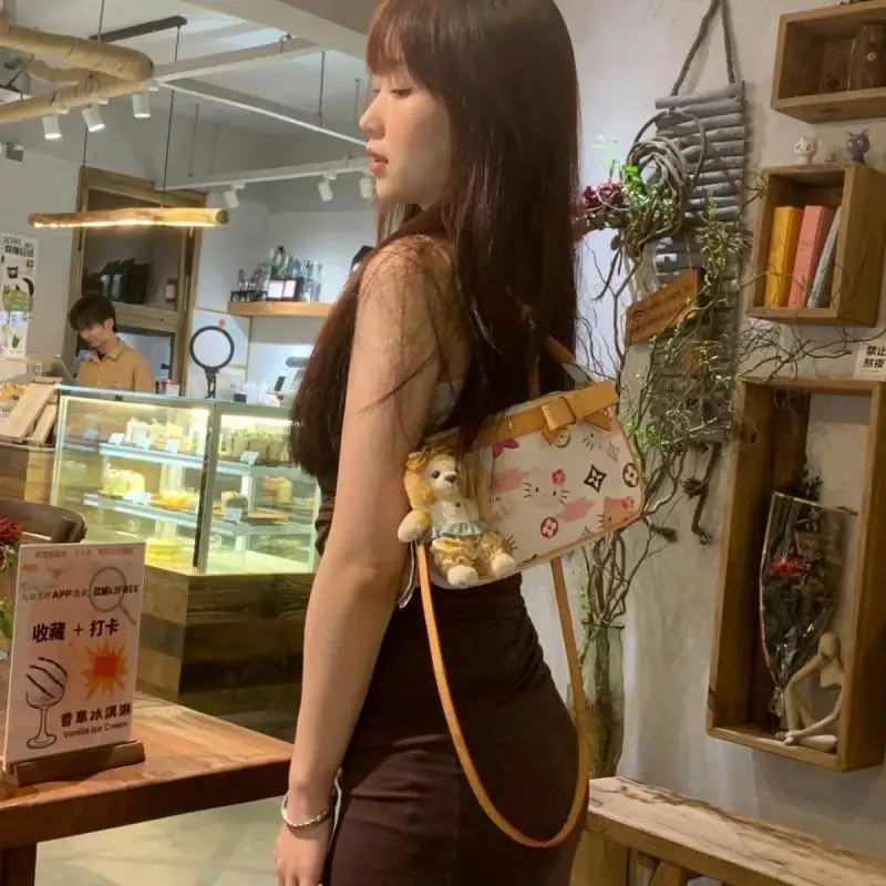 Hello Kitty Bag Y2K New Vintage Brown Women's Bag Cartoon Printed Luxury Handbag Cylinder Bags Korean Versatile Fashion 2023 Baguette Tote Female