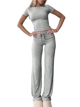 Summer Comfortable Casual Women's Home Sports Set 2025 New Fashionable Solid Color Slim Body Clothes + Trousers Two-piece Set 1