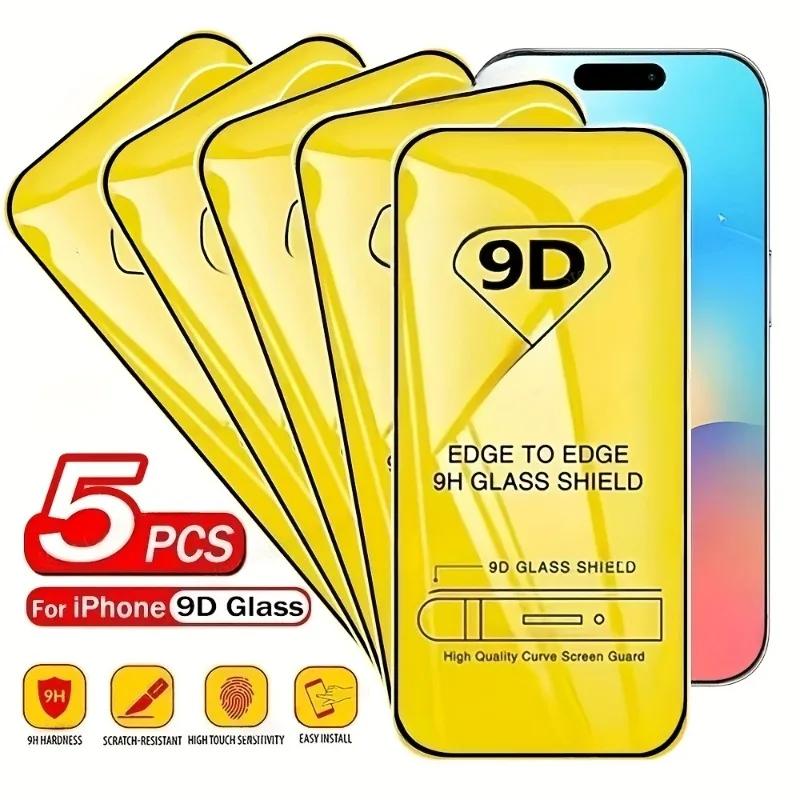 5 Stück 9D-Glas-Displayschutz kompatibel mit iPhone 17 16 16e 15 14 Plus 13 12 Mini 11 Pro XS Max XR Air 17 16 Pro Max Glas