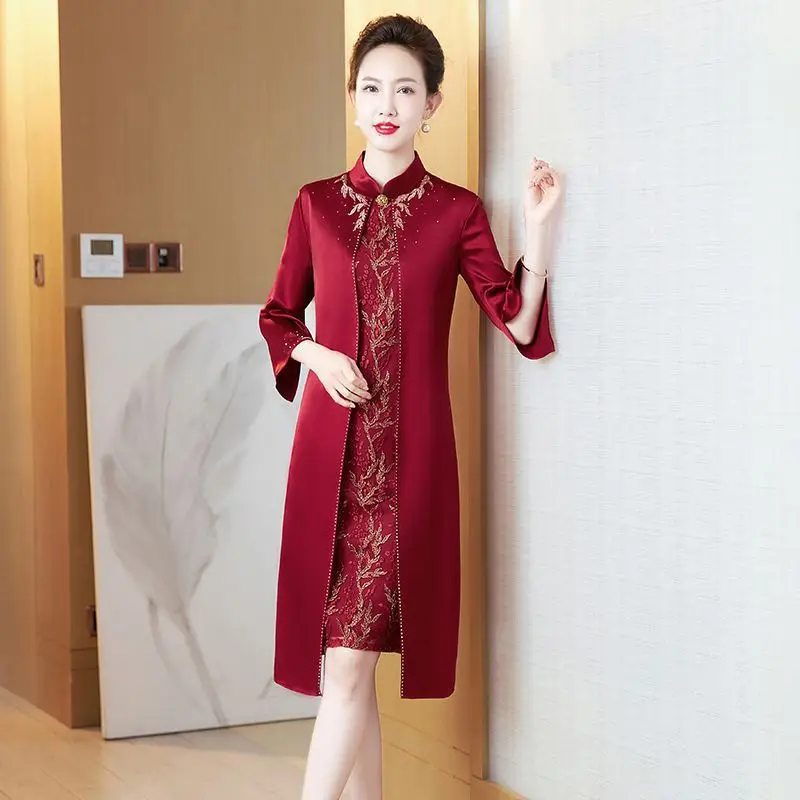 A458Autumn and Spring New Happy Grandma Wedding Dress Fake Two Dresses for Young Mom Wedding Dress