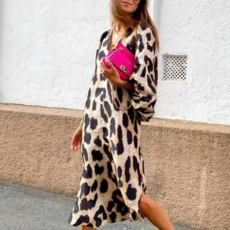 Autumn New Leopard Print V Neck Long Dresses Casual Fashion Women Lantern Sleeves Dresses Loose Elegant Party Dresses - Dresses - AliExpress