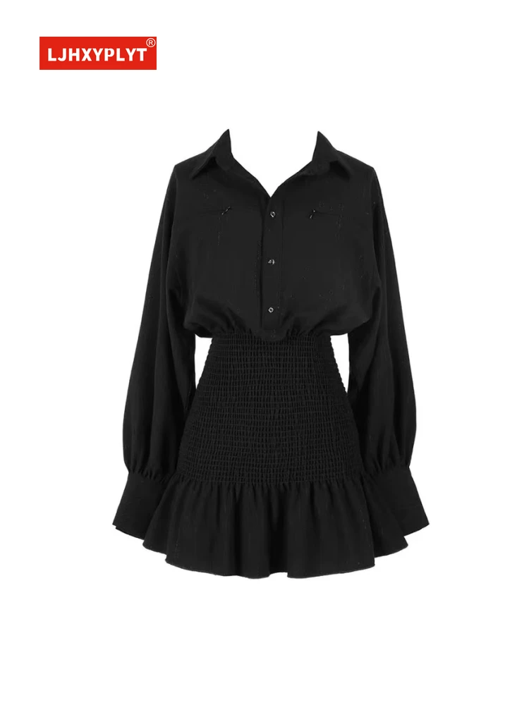 Vestido negro de manga larga con Cuello de camisa para mujer, Falda corta  plisada de cintura de Color sólido Retro de nuevo diseño, primavera y  verano| | - AliExpress