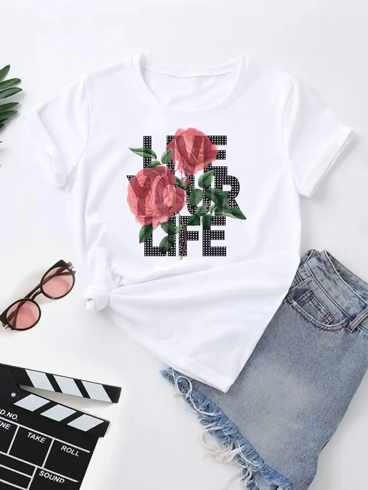 

Clothing Women Graphic Top T Shirt Fashion Summer Print Letter Flower Floral Trend Short Sleeve Clothes T-shirt Tee
