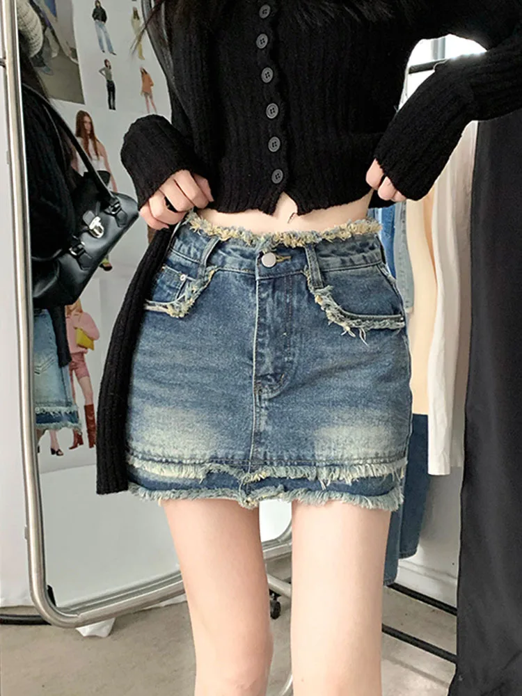 

SONNEESD Streetwear Harajuku Diablo Denim Mini Skirt High Waist Personality Distressed Wildness Vintage Burr Edge Slim Skirt