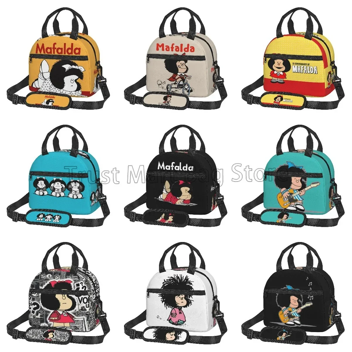 

Funny Mafalda Insulated Lunch Bag with Shoulder Strap for Boys Girls School Picnic Reusable Thermal Bento Tote Bag