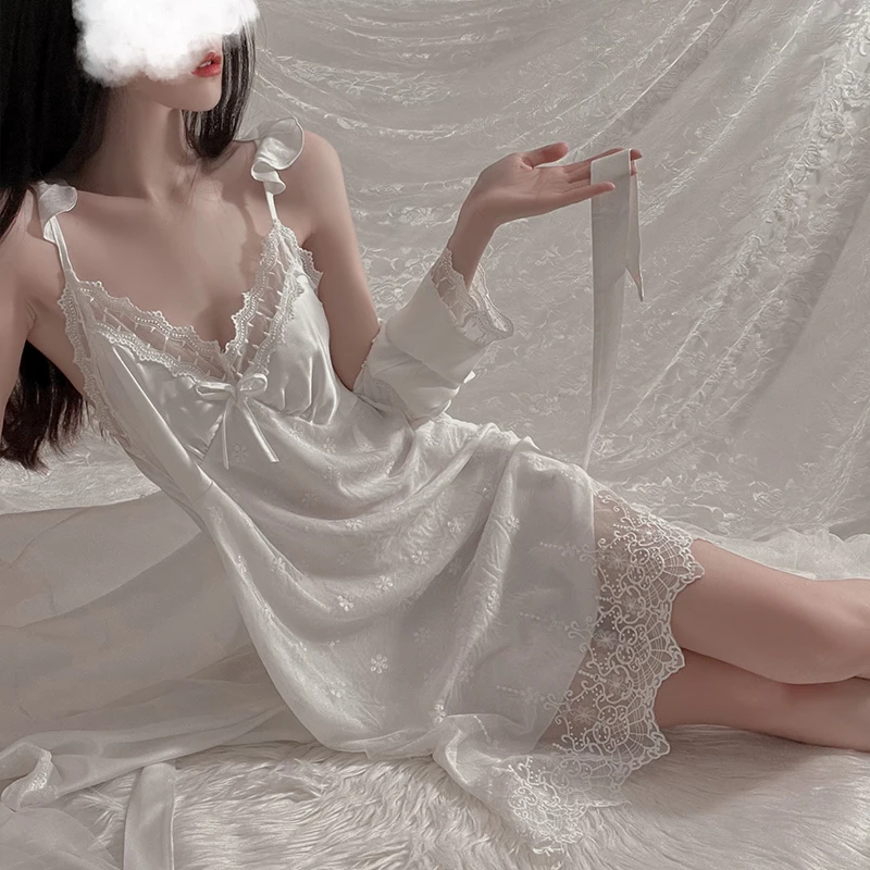 Sexy Mousse 2023 New Women Nightgown Lotus Leaf Pajamas Lace Perspective Temptation Suspenders Nightdress Home Clothes Suit