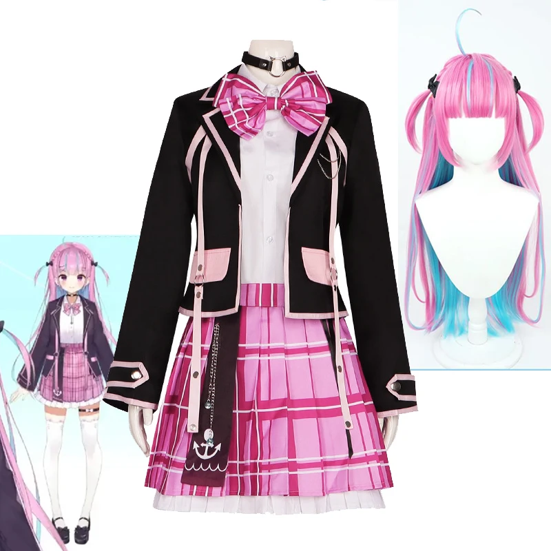 

Hololive Minato Aqua Cosplay Costume And Wig Vtuber Aqua JK Uniform Skirt Halloween Virtual YouTuber Acting Costumes