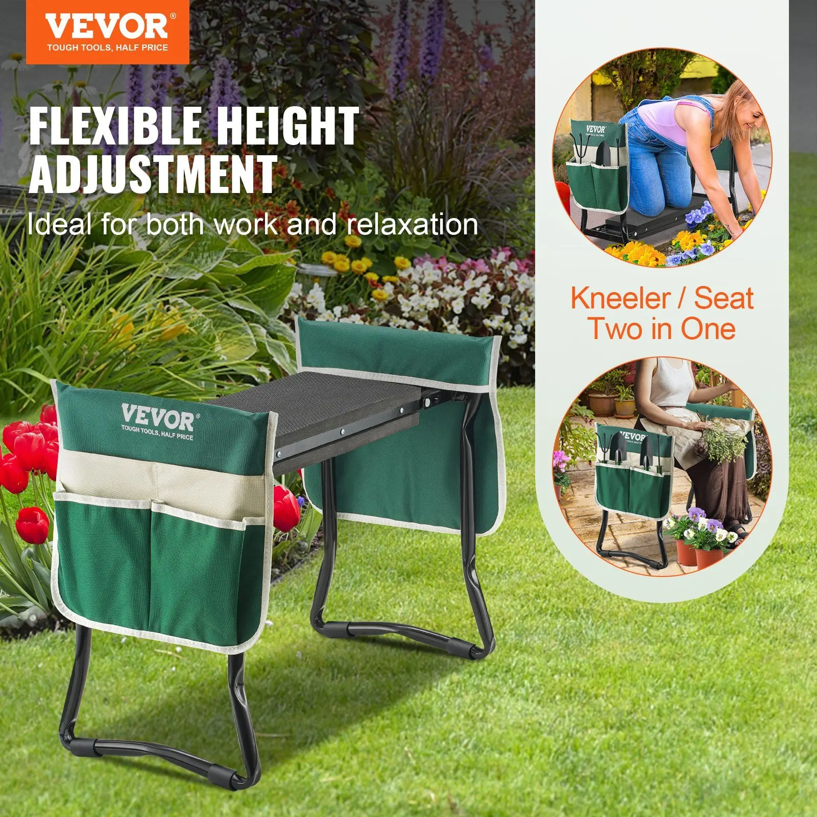 Garden Kneeler and Seat, 330 lbs Load Capacity, 8 EVA Wide Pad, Foldable Garden Stool, Kneeling Bench for Gardening with Tool Ba 2