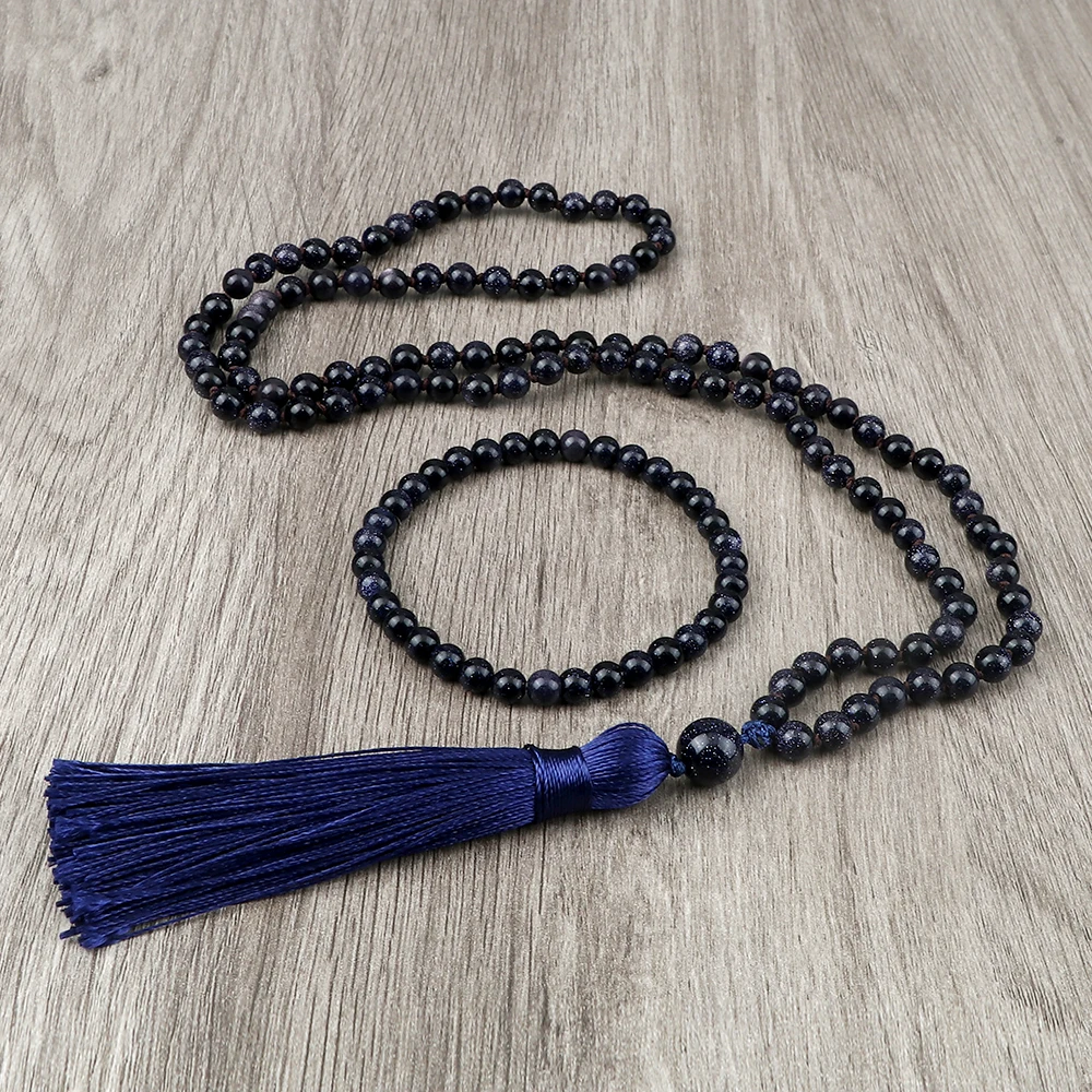 

Shiny Blue Sandstone 108 Beads Necklace with Tassel 6mm Natural Stone Bracelet&Bangle Yoga Meditation Jewelry Set for Women Men