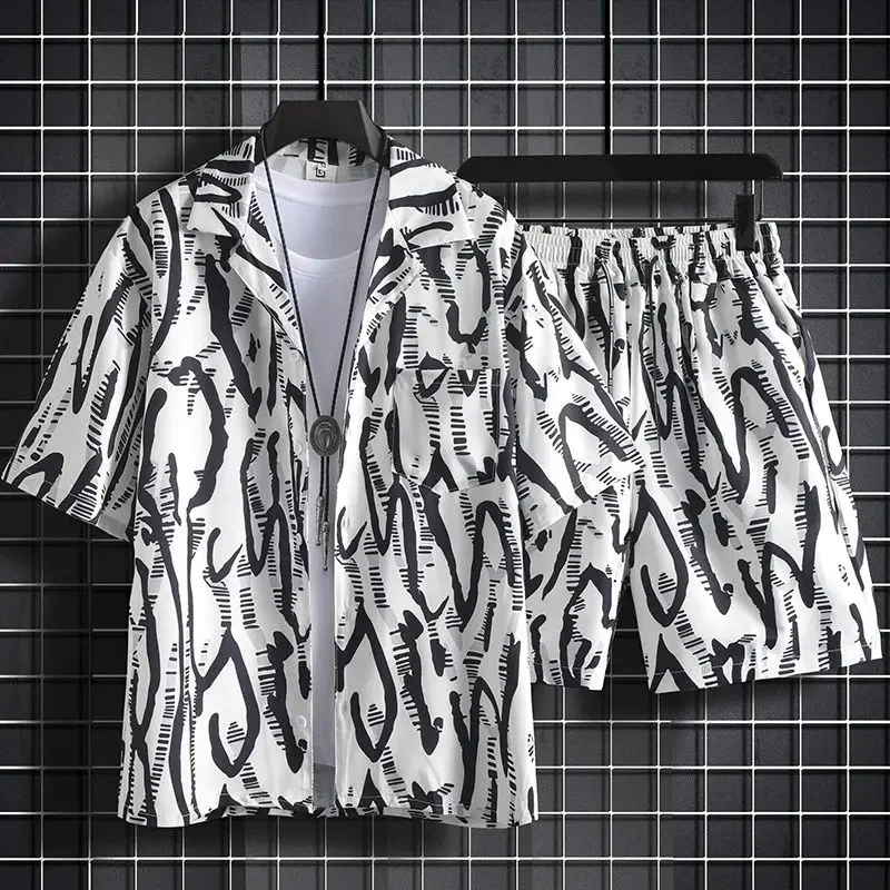 thumbnail image 1 of Conjuntos de camisas para hombre, conjuntos de playa blancos, conjunto de 2 piezas, conjunto coreano de dos camisetas, pantalones cortos, trajes para hombre, elegantes, 5xl, elásticos, sueltos, fresco, 1 of 4