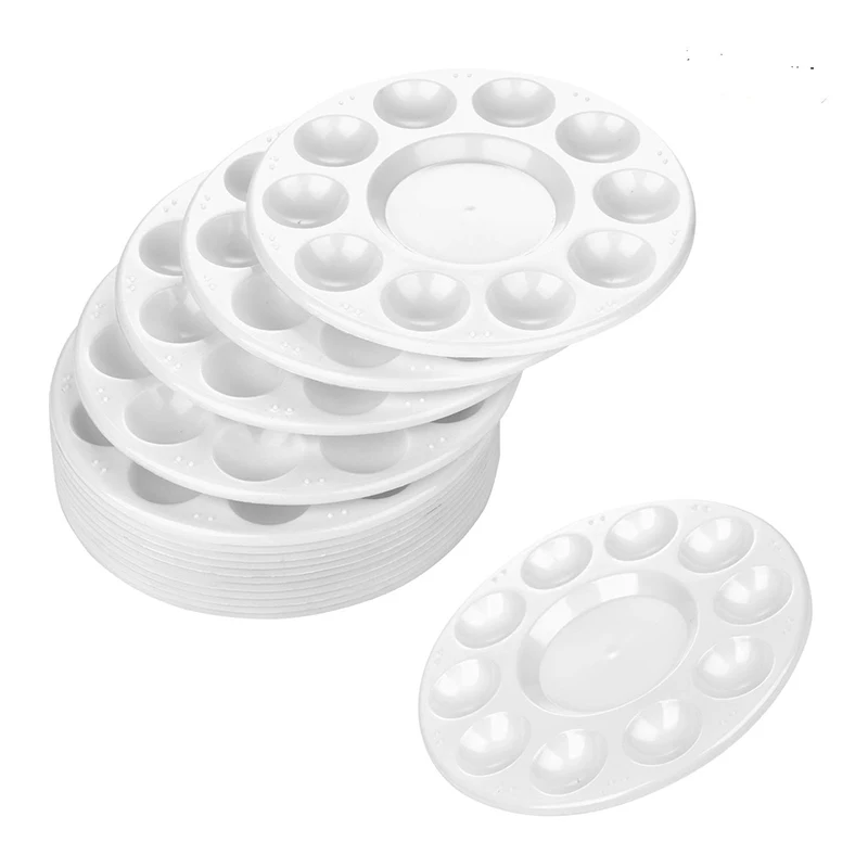 15pcs Round Paint Tray Palettes 10 Wells White Plastic for Acrylic Oil Watercolor Craft DIY Art Painting Palettes