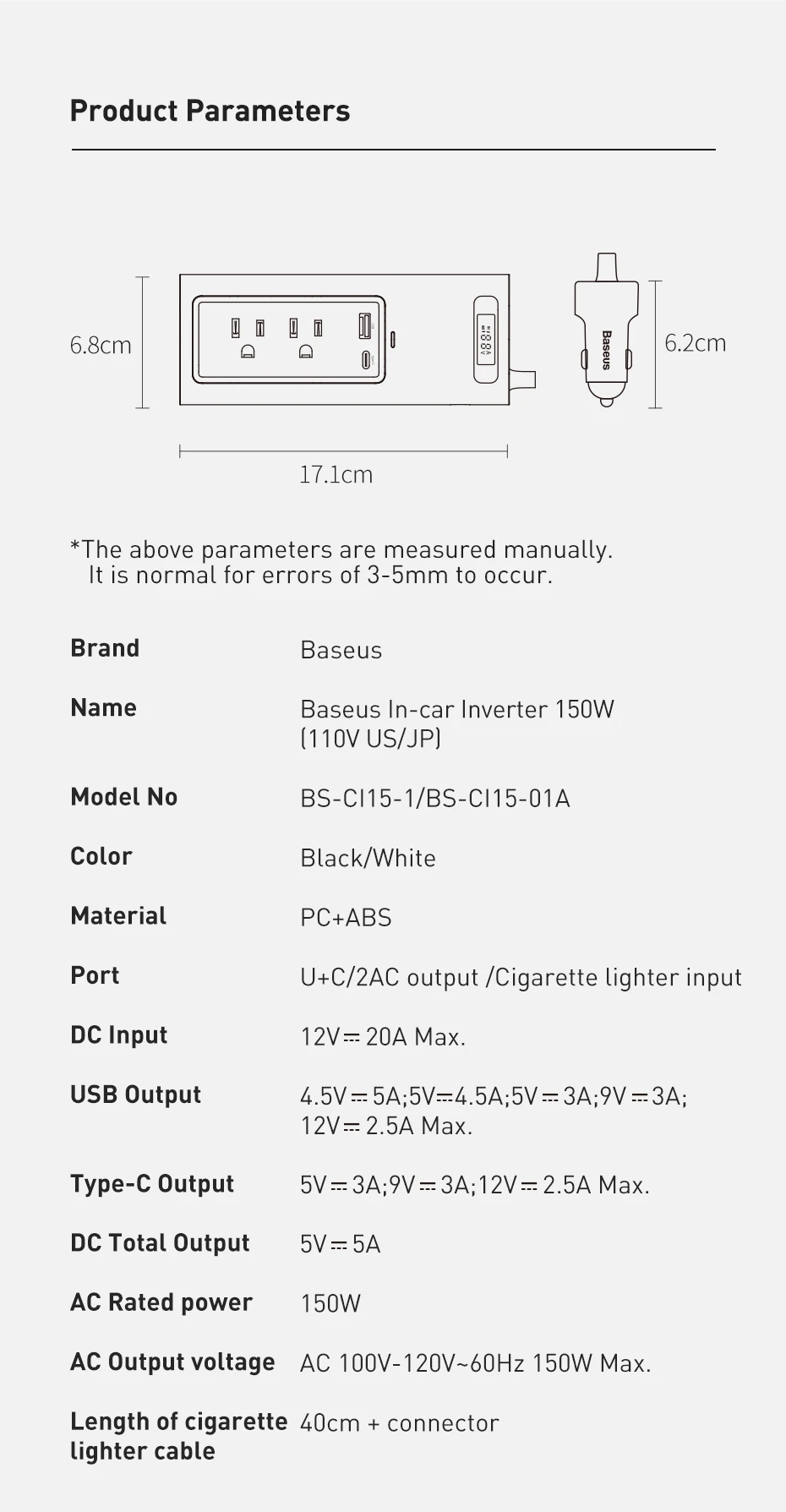 Inversor, USB Tipo C, Carregador Rápido, Europa, DC 12V para AC 220V, 110V