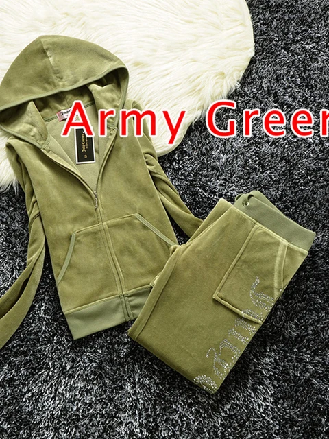 YICIYA TRACKSUIT hoodies Velvet Zipper Sweatshirt And Pants Winter women velour Pant Suit Hoodies Zipper Rhinestone velour suits Army Green suit