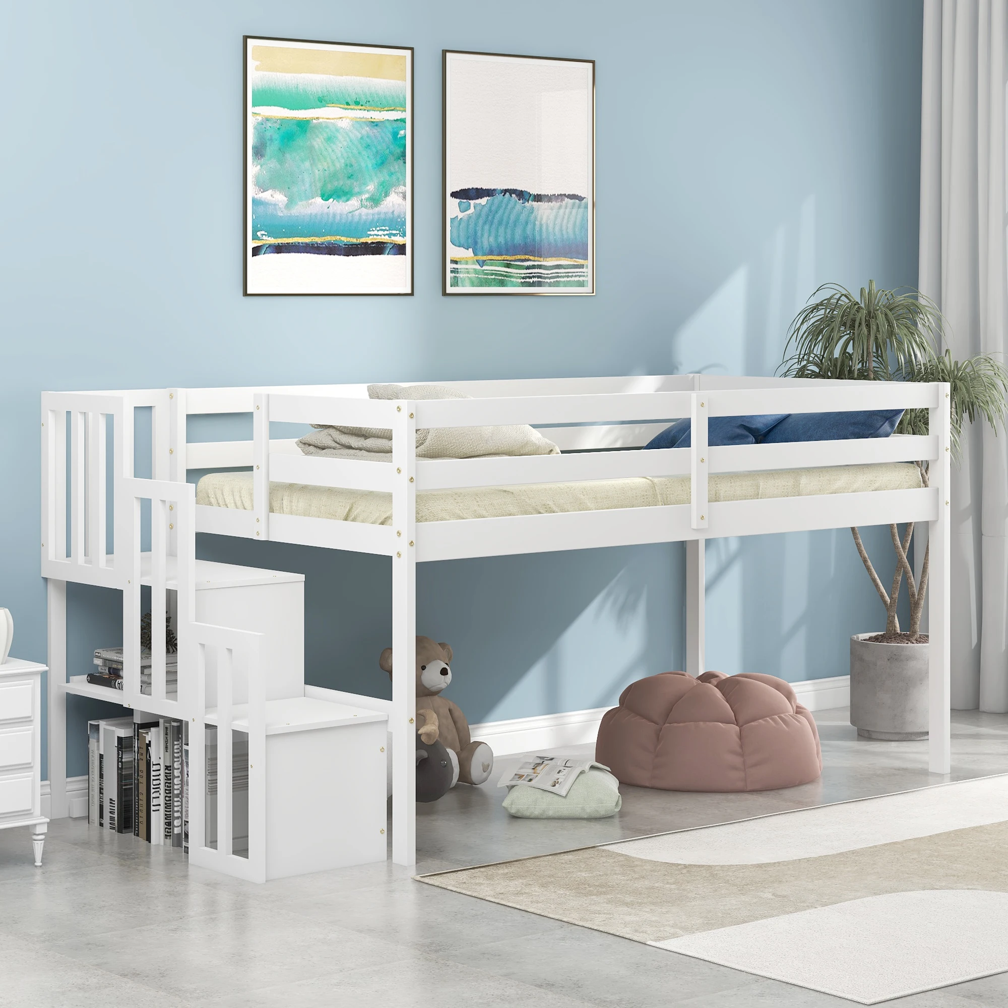 

Two Colors Loft Bed with Stairs Bedroom Furniture for Bedroom