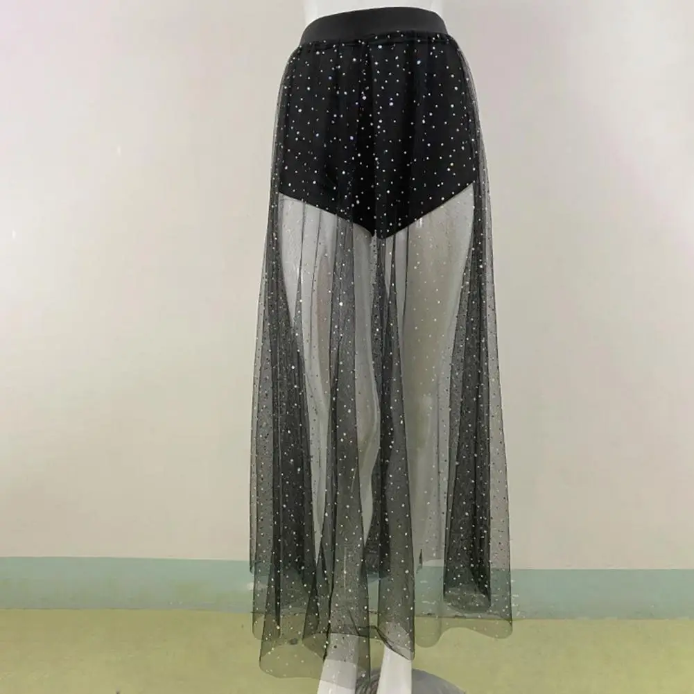 Mesh See Through Women's Skirt Mesh Big Hem Ankle Length Thin High Waist Elastic Waist Summer Shiny Sequin Solid Long Skirts 5