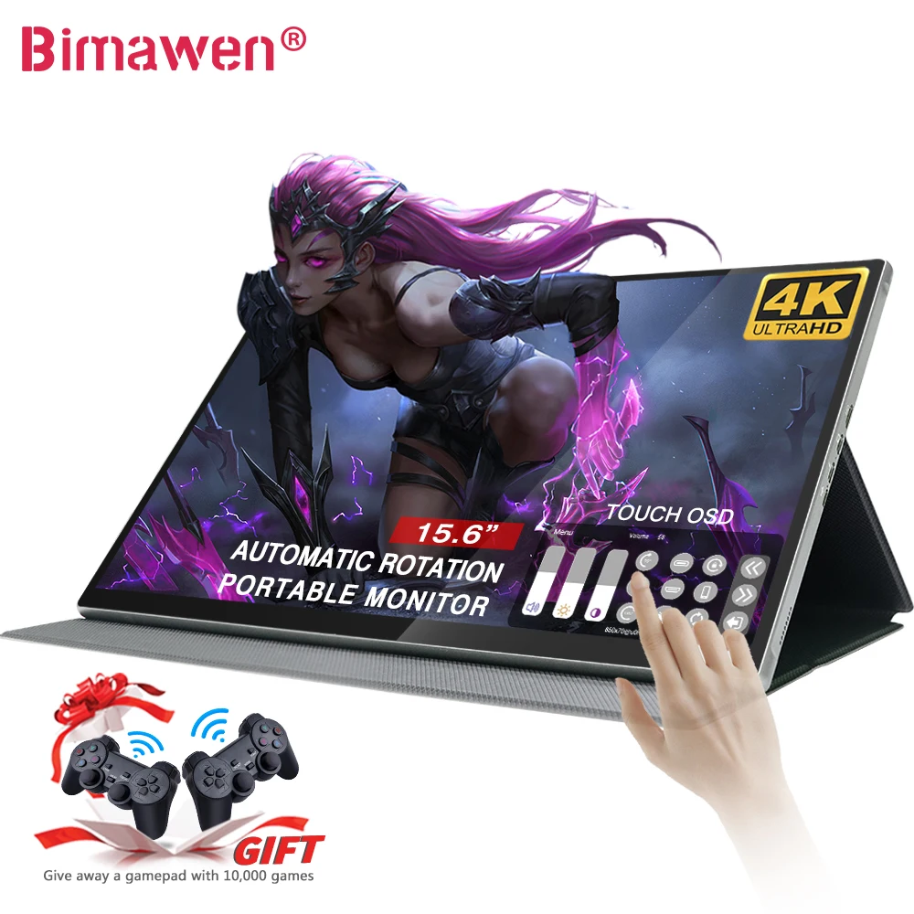 

Портативный сенсорный экран Bimawen, 15,6 дюйма, 4k, для Apple Systems, Hdr, Uhd, игровой, Type-c, Ips, дисплей с батареей 10000 мАч