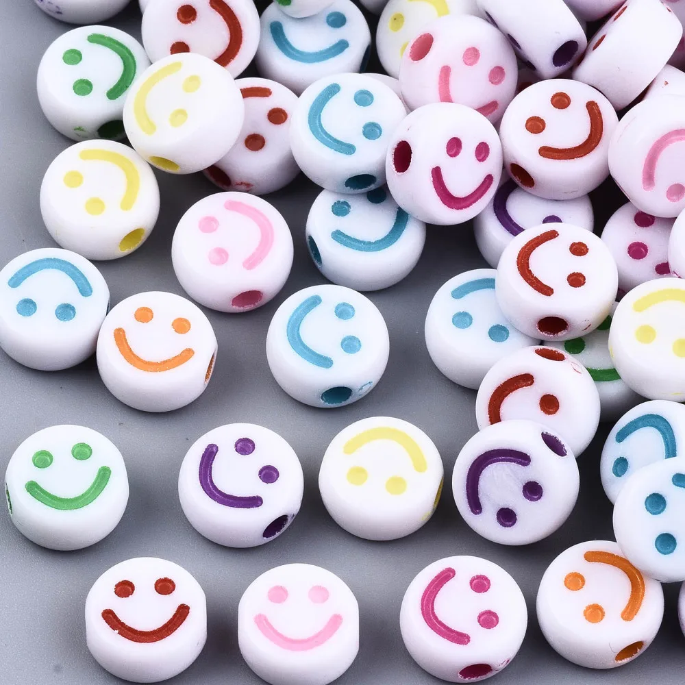 

500g Opaque Craft Acrylic Beads Flat Round with Smiling Face Mixed Color 10x5mm Hole: 2mm about 1500pcs/500g