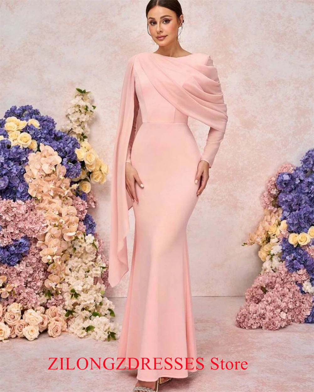 Customized Mermaid Simple Pink Jersey Evening Dress Elegant Long Sleeves Homecoming Dresses Modern Special Occasion Go