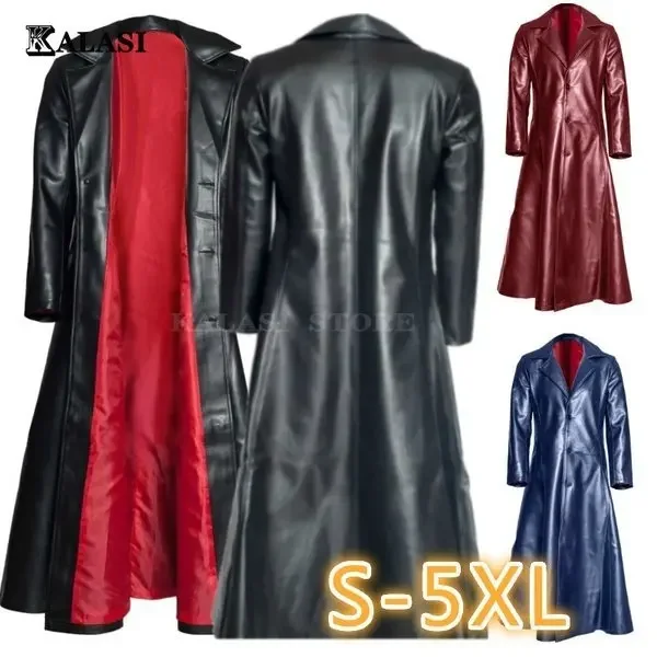 Mens Risvolto Gotico Punk Cappotto Lungo Nero Giacca Lunga In Pelle Invernale Goth Vampire Coat Dark Knight Cool Cape Coat