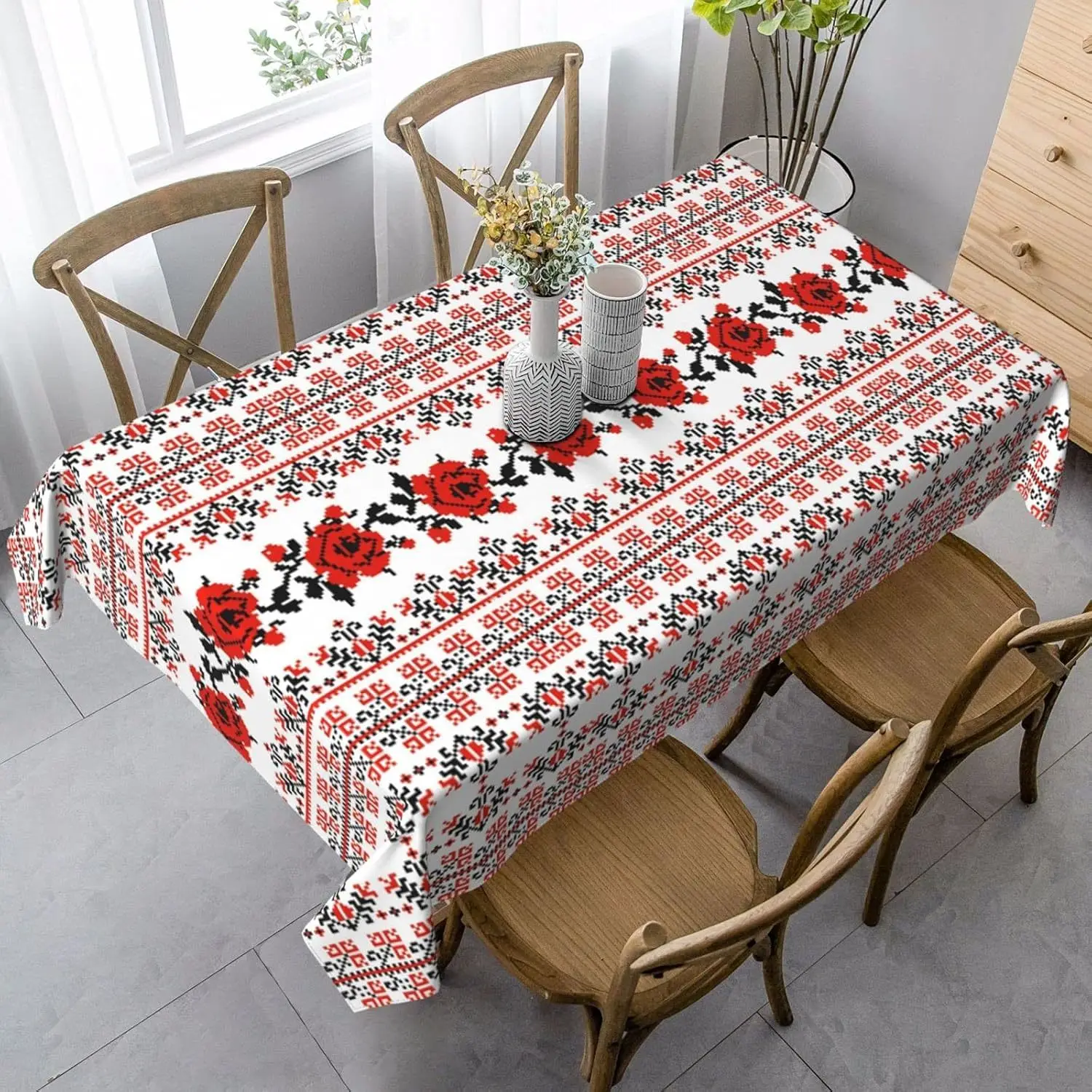 Table Cloth Rectangular Tablecloth Ukrainian embroidery style rectangular table with rose tablecloth oil and splash resistant easy to clean
