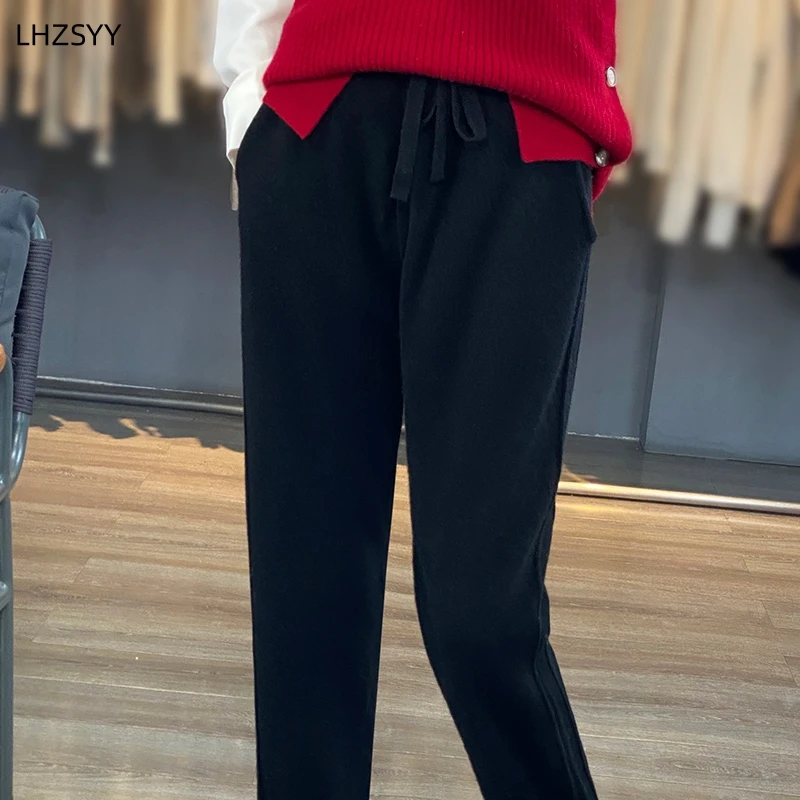 LHZSYY Autumn Winter New Women\' Cashmere High Waist Trousers Casual Loose Tight Waist Pants Draw String Straight Pants Wool Knit