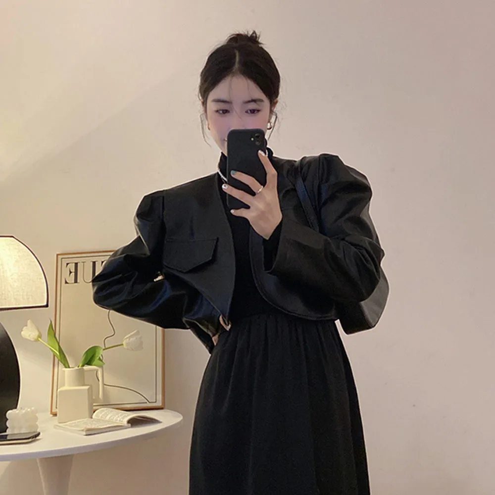 여성용 블랙 가죽 재킷, 크롭 코트, PU 가죽 재킷, 여성 의류, 캐주얼 하이 웨이스트 용수철 탑, 2023 가을 패션