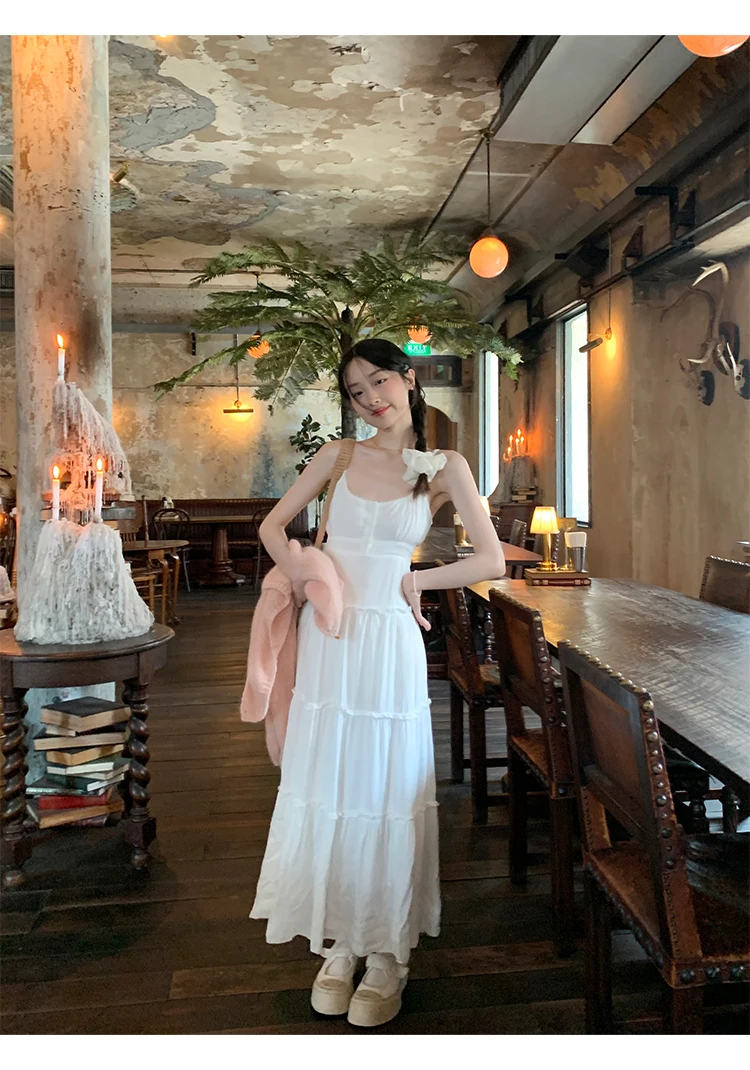 French Elegant Dresses for Women Solid Spaghetti Strap Summer New Ruffles A-line Casual Korean Chic Midi Vestidos Mujer
