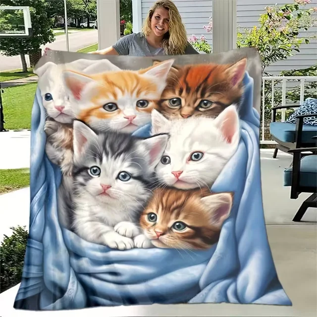 1pc Black Blanket Lovely Cat Printed for Home Living Room Bedroom Decoration New Year Christmas Gift Birthday Gift