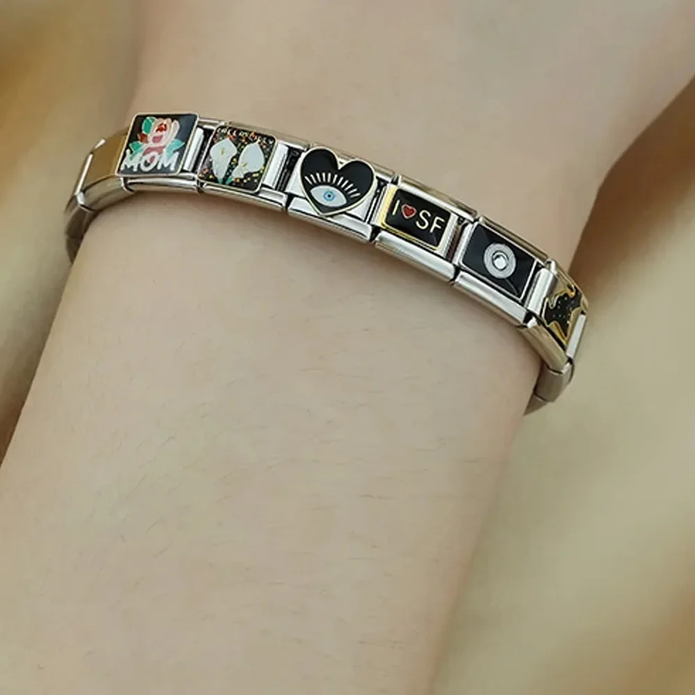 여성 남성 패션 블랙 하트 아이 문 이탈리안 참 링크 9mm 스테인리스 스틸 팔찌 일상 선물 DIY 제작 쥬얼리