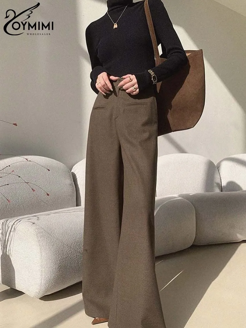 Oymimi Elegant Brown Pockets Women's Pants Fashion High Wiast Button Trousers Office Lady Spring New Solid Straight Pants Female