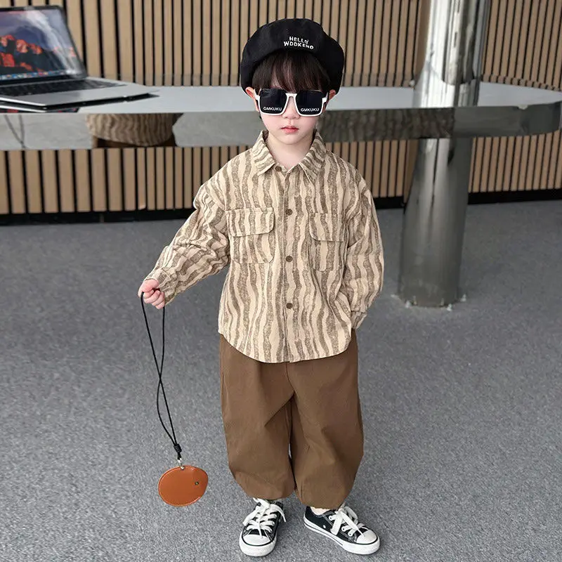 Spring Autumn New Boys Polo-Neck Button Printed Striped Spliced Pockets Fashion Loose Streetwear Long Sleeve Elastic Pants Sets