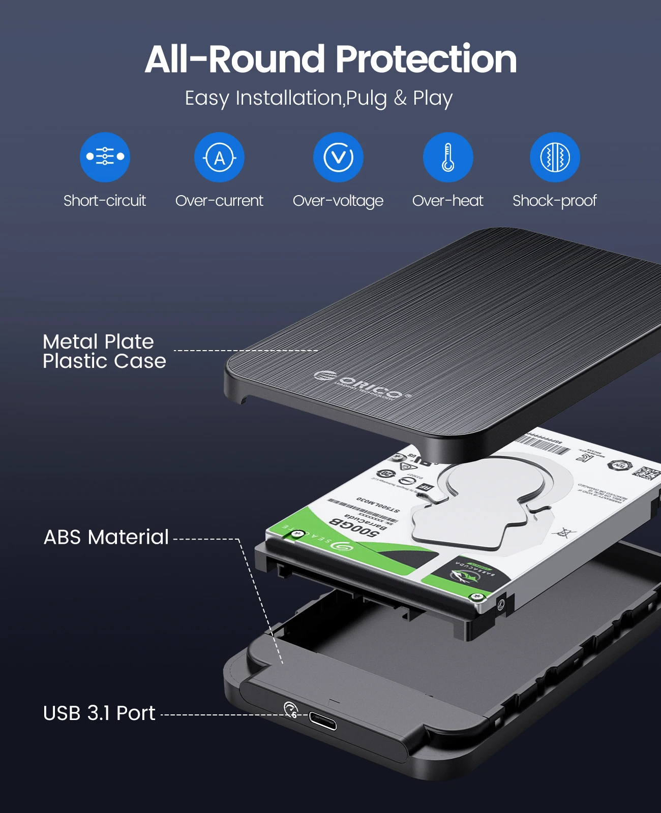 Orico-caixa de Gabinete de Disco Rígido Caixa Hdd Sata Iii Iii ii i Hdd e Ssd Box Compatível com Usb 3.1 6gbps Mm-95 mm - Imagem 5