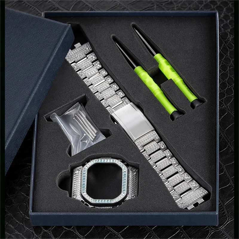 Per Orologio Casio Cinturino Quadrato In Metallo Dorato Argento Piccolo Gmw-B5000 Cassa Con Diamanti Modificati Cinturino Con Cassa In Acciaio Inossid