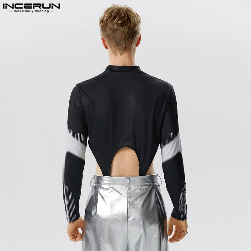 INCERUN 2023 Sexy Homewear Men Jumpsuits Locomotive Wind Hollowed Tight Bodysuits Casual Male Cropped Long Sleeved Rompers S-5XL