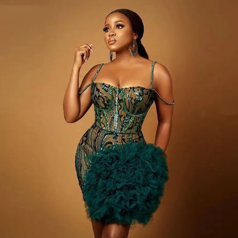 

На Zhu Aso Ebi, африканские Зеленые Короткие платья для выпускного вечера, сексуальные фатиновые Вечерние платья на тонких бретельках с оборкам...