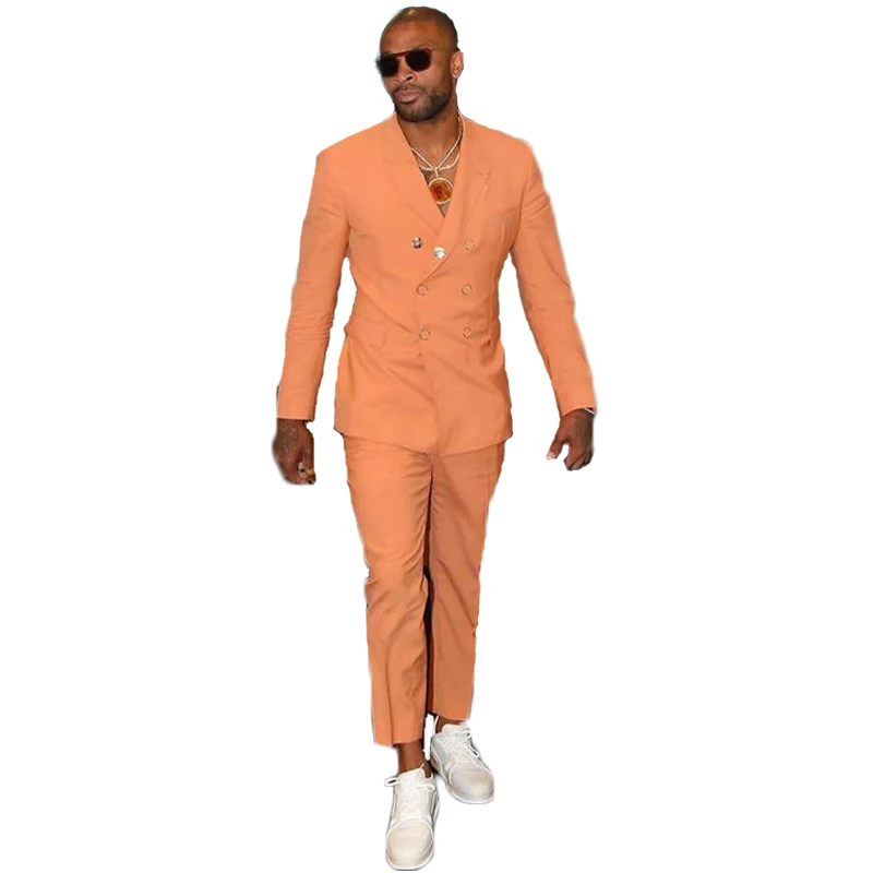YiMinpwp Coral Full Men Suit Two Pieces Double Breasted Notched Lapel Elegant Prom Blazer Tuxedos Formal Party Suit Jacket+Pants