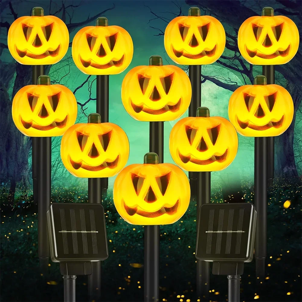 Solar Halloween Pumpkin Pathway Light Decorations LED Halloween Pumpkin Stake Lights Set of 5 Lighted Outdoor Pumpkin Lawn Lamp