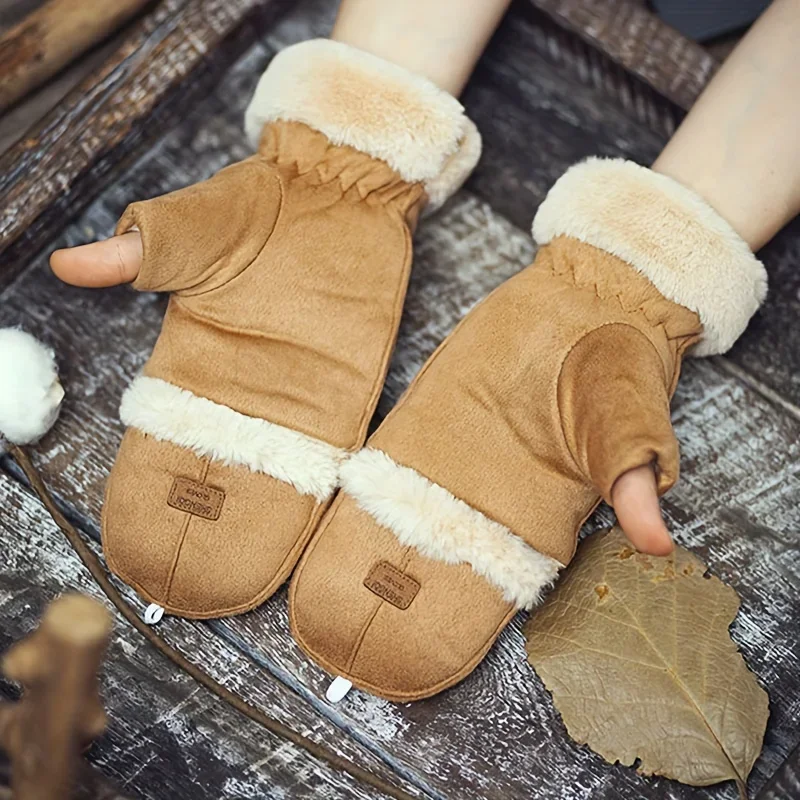 Winter Women's warm thickened half finger suede gloves button closure winter sports knitted ski gloves for women snowboarding 2