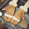 Winter Women's warm thickened half finger suede gloves button closure winter sports knitted ski gloves for women snowboarding 2