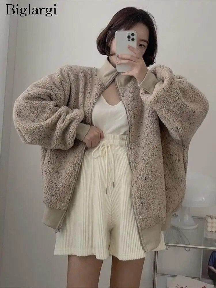 

Осенне-зимнее пальто из овечьей шерсти, женская модная Свободная куртка с длинным рукавом и принтом в Корейском стиле, повседневные женские куртки, пальто, 2023