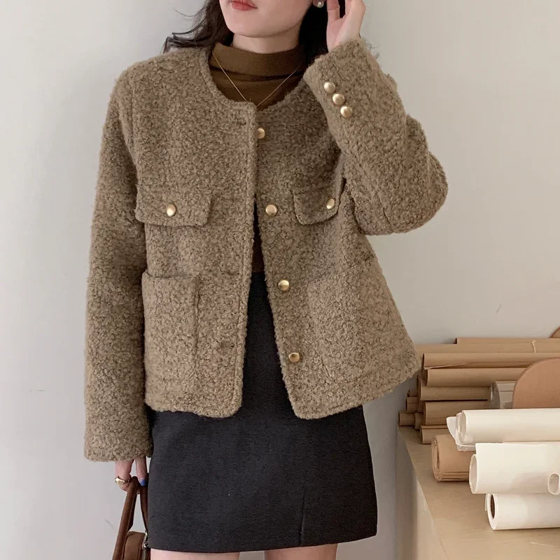 Wool Blended Soft Fragrance Short Woolen Jacket Women's Autumn Winter Slim Basic Simple Casual Small Fragrant Khaki Women's Coat