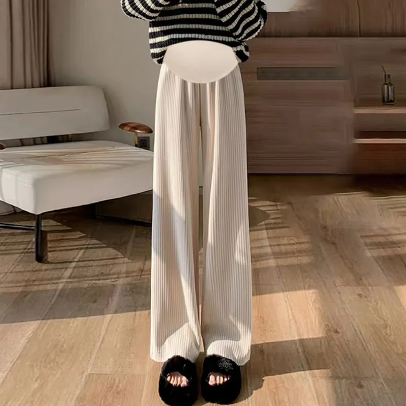 Pregnant Women Pants Knitted Wide Leg Trousers Pring Plush Thickened New Straight Tube Drape Casual Maternity Clothes 4