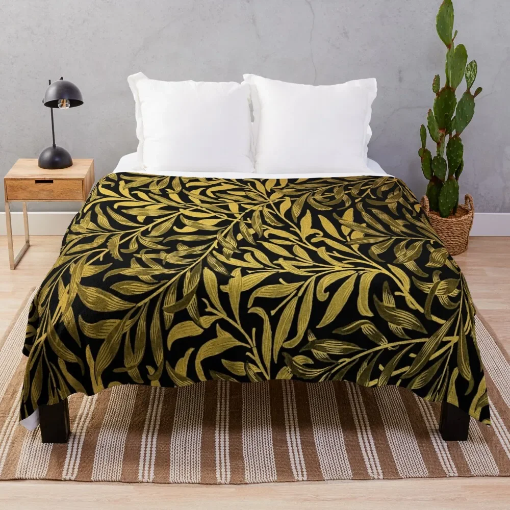 William Morris Vintage Black and Gold Leaves Pattern Throw Blanket Fluffys Large Tourist Blankets