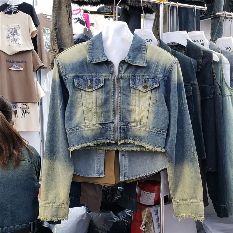 

Harajuku Vintage Washed Blue Short Denim Jacket Spring Autumn Casual Lapel Zipper Long Sleeve Frayed Burrs Hem Jeans Jacket Coat