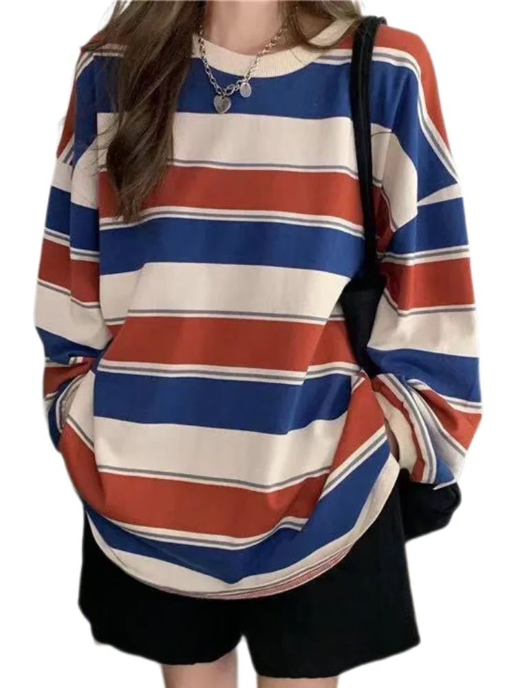  2023 Spring Women Casual Striped Loose T shirt Long Sleeve Round Neck T-Shirts Oversized Tees Female Autumn Korean Style Tops 