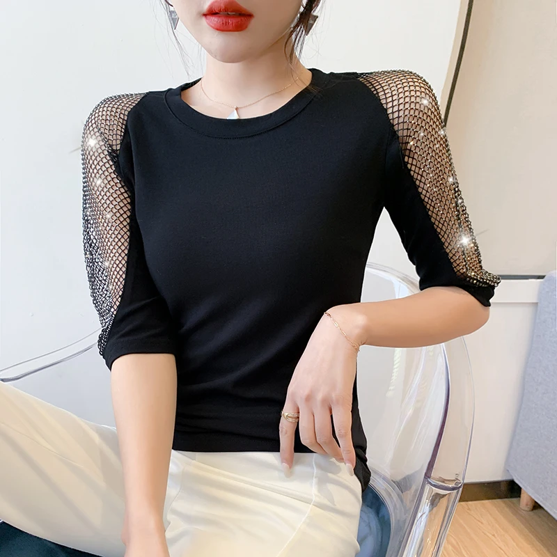 

Sexy Hollow Out Drills T Shirt Women 2023 Summer Fashion Half Sleeve Round Neck Black Tops for Women Cotton Tees Laides Sexy Top