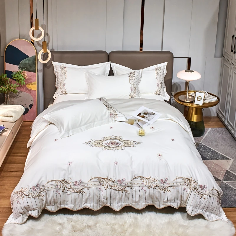 

luxury white embroidery egyptian cotton Bedding Set Duvet Cover Bed Linen Fitted Sheet Pillowcases Home textile King Queen Size